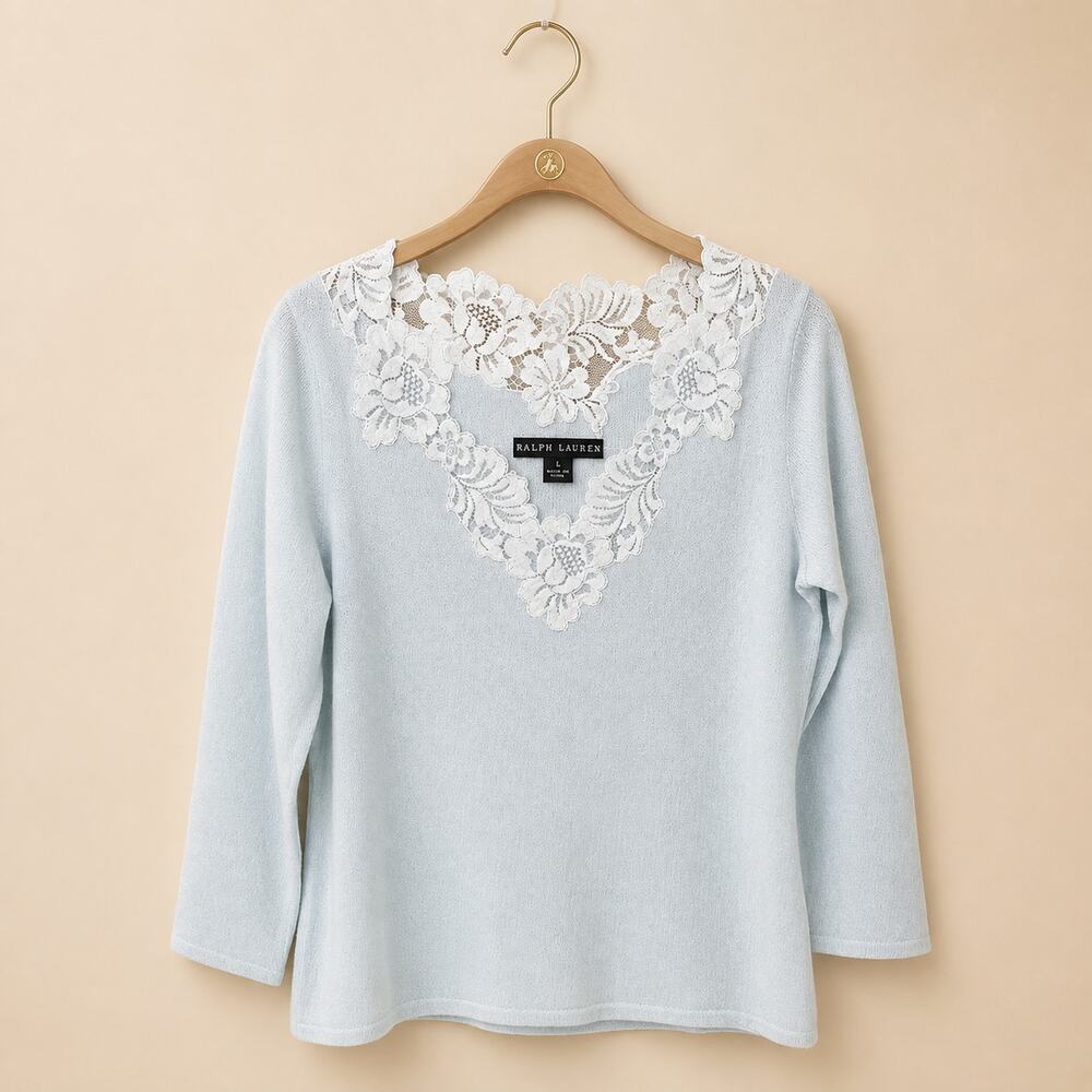 Ralph Lauren Black Label Light Blue Vintage Cashmere Sweater Lace Neckline NWT L